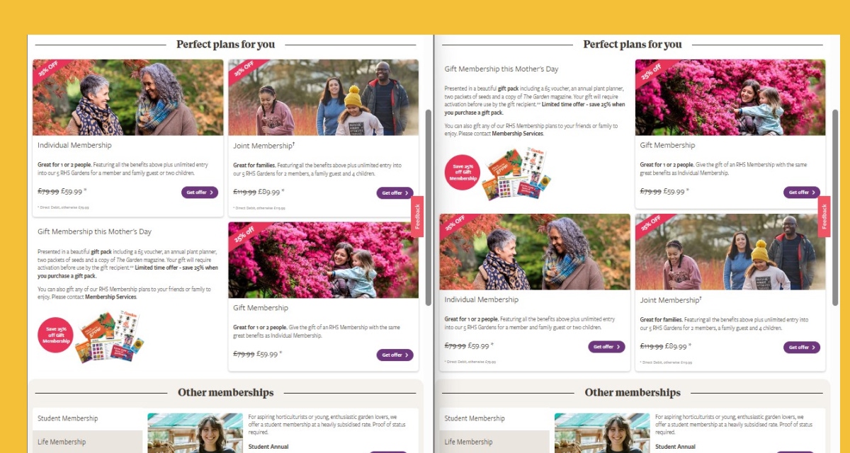 Membership page before and after the change
